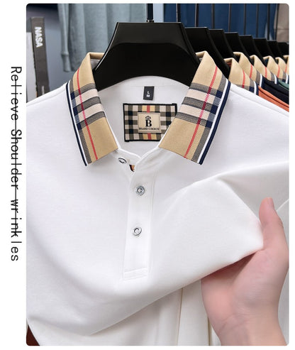 Luxury brand long sleeve polo shirt men comfortable casual autumn item silk cotton high-end Korean fashion plaid lapel T-shirt