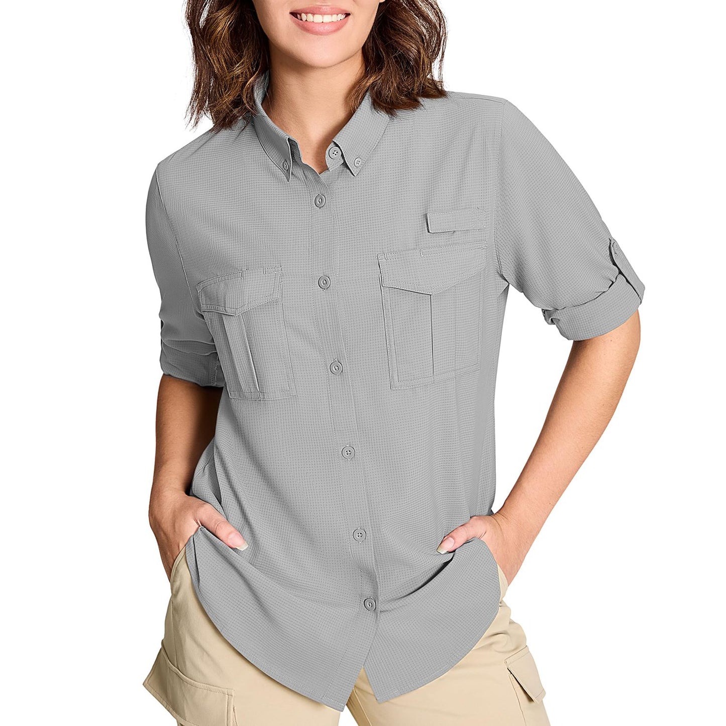 TACVASEN Womens UPF 50+ Fishing Shirts UV Block Quick Dry Long Sleeve Cargo Shirts Breathable Mesh Outdoor Trekking Hiking Shirt