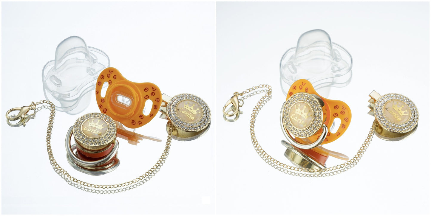 Miyocar Bling Custom Pink Brave Lion Pacifiers Bring 3 Replacement Silicone Teat Include All Size for Boy Girl Baby Shower Gift