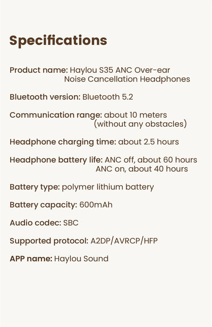HAYLOU S35 ANC Wireless Headphones Over-ear 42dB ANC Headphone Bluetooth 5.2 40mm Dynamic Driver 60-hour Battery Life Earphones