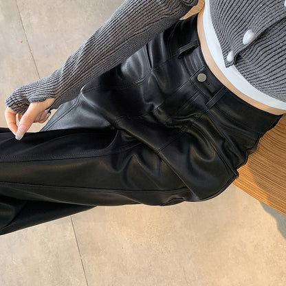 2025 New High Waist Vintage Black Women's PU Leather Wide-Leg Pants Loose Straight Retro Casual Floor-Length Pant Autumn Winter