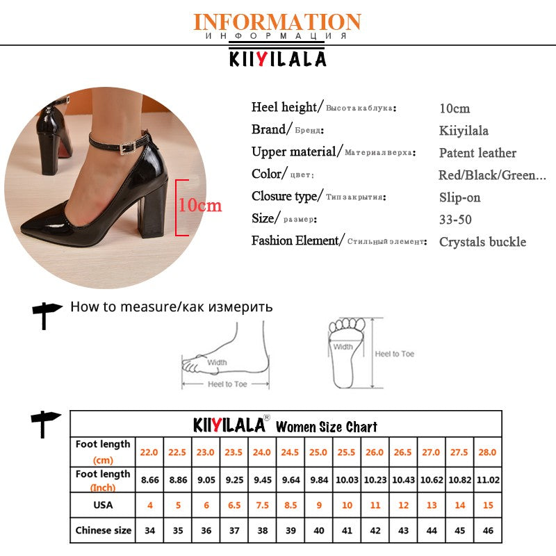 Apricot Red 10cm Super High Heel Ankle Strap Pumps Women Shoes Pointed Toe Fashion Crystals Buckle Patent Leather Plus Size 50