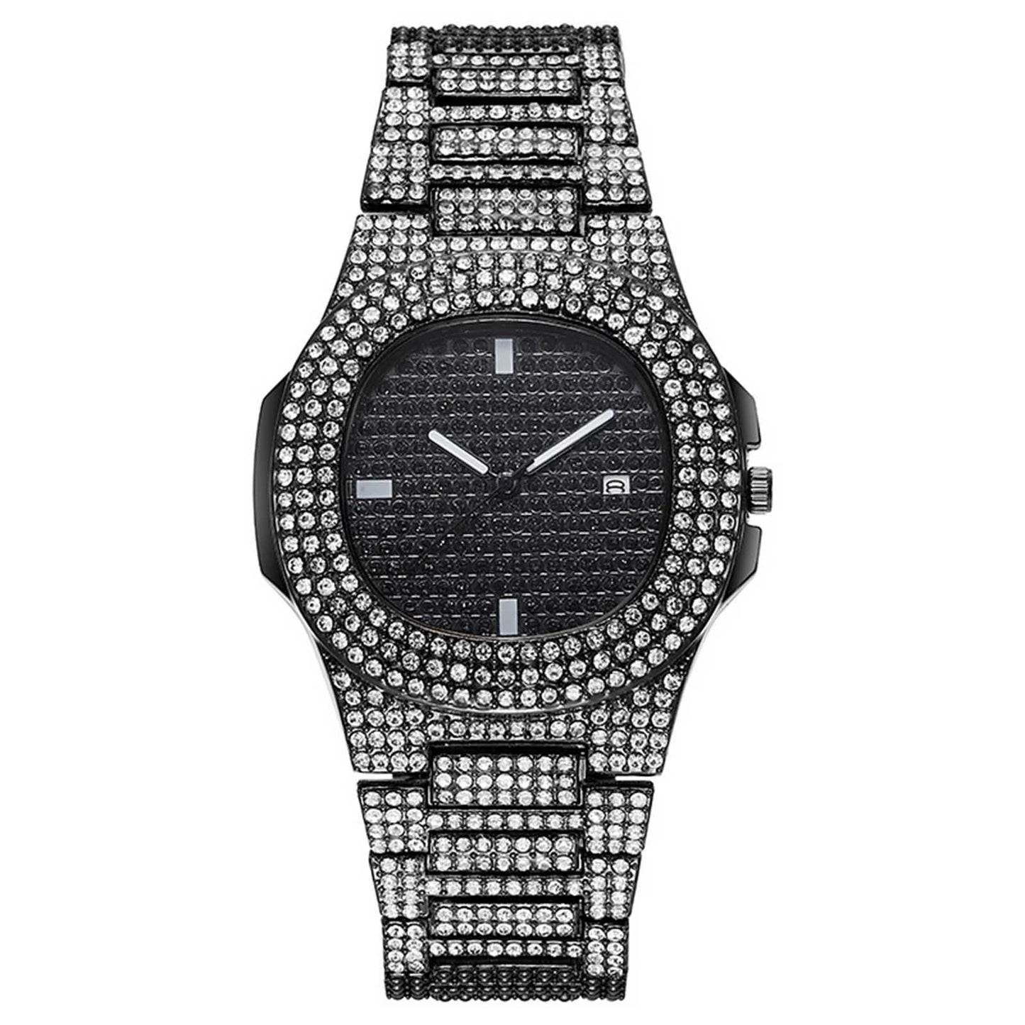 Hiphop Full Diamond Square Quartz Watch for Men Women Luxurious Stainless Steel Strap Rhinestone Studded Dial