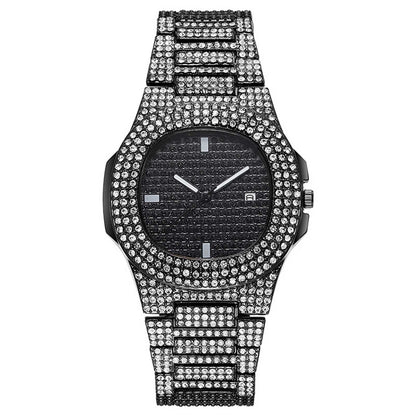 Hiphop Full Diamond Square Quartz Watch for Men Women Luxurious Stainless Steel Strap Rhinestone Studded Dial