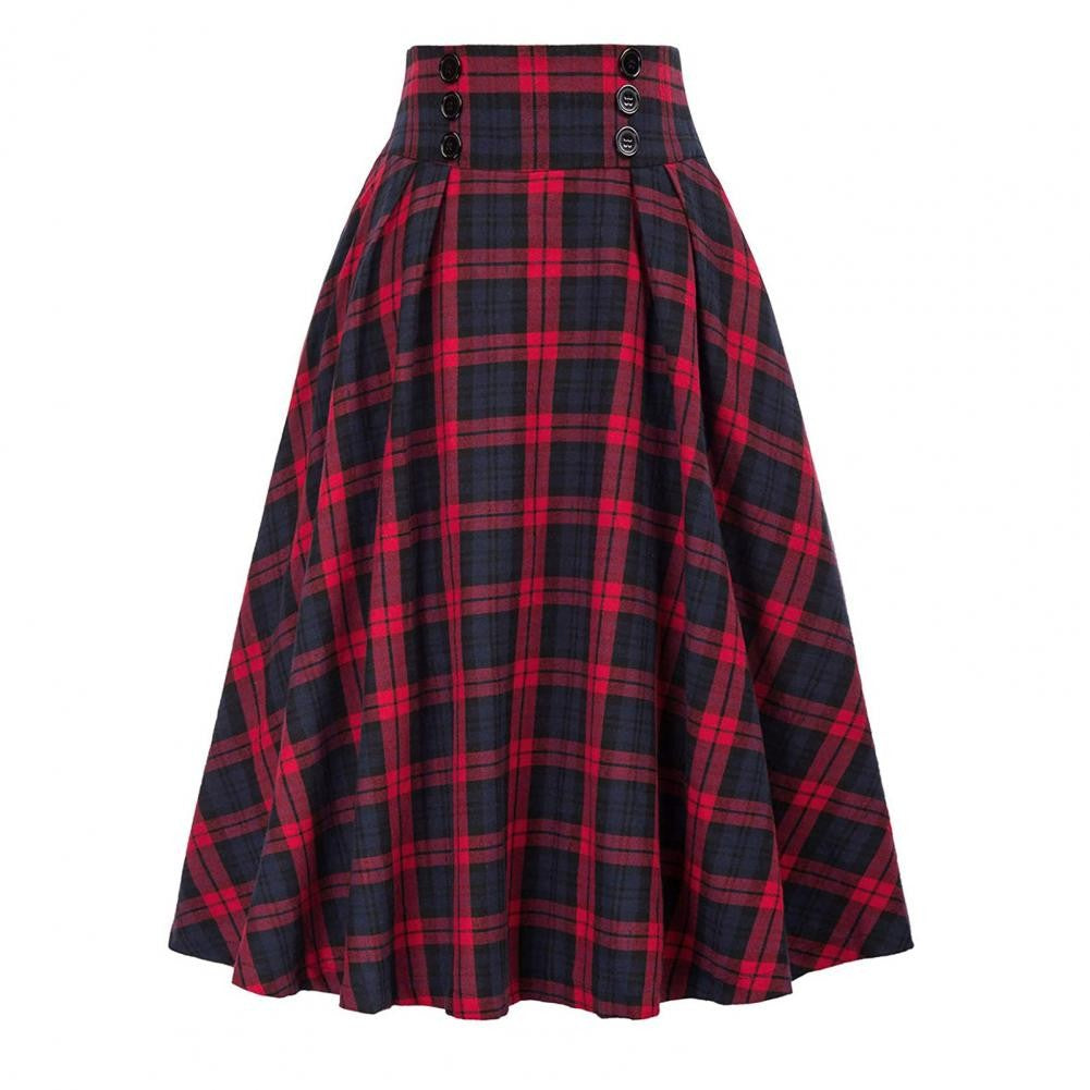 Women Skirt Elastic Waist Big Hem A-line Colorblock Plaid Print Loose Fit Skirt Ankle Length Pockets Retro Lady Maxi Skirt
