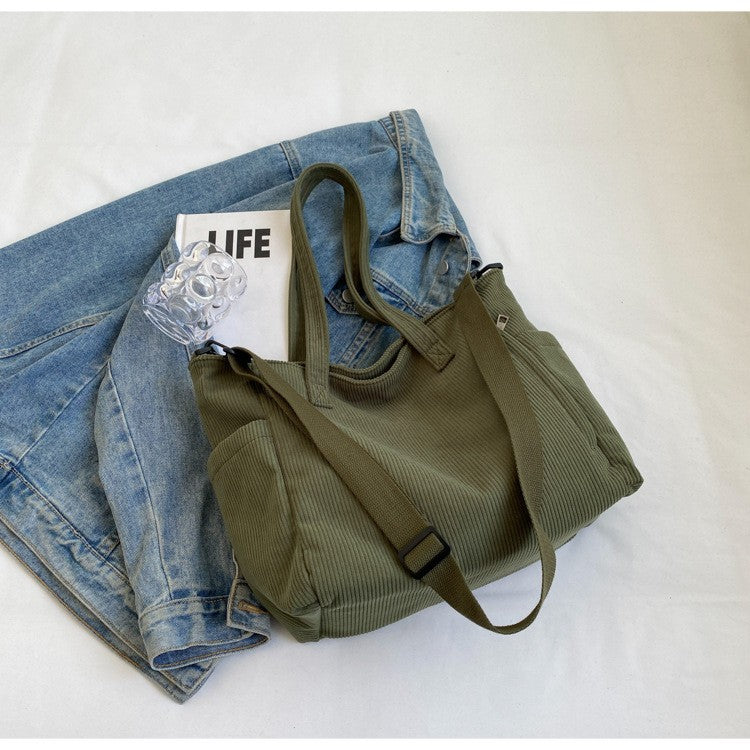 Fashion Versatile Shoulder Bag College Wind Commuting Corduroy Square BagUnisex Large Capacity Leisure Portable Crossbody Bag