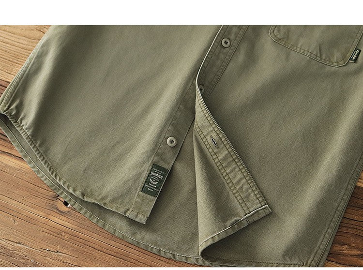 2025 Spring New American Retro Heavyweight Woven Cargo Shirt Men's Simple 100% Cotton Washed Double Pocket Blousers Loose Caot