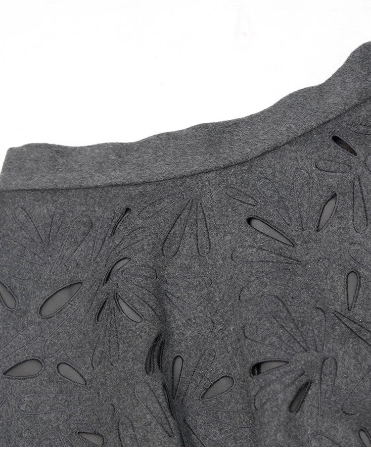 Dark Grey Wool Skirts for women 2024 Autumn Winter Big Swing A-Line Long Skirt Elegant Elastic waist Zipper Hollow Out Skirt