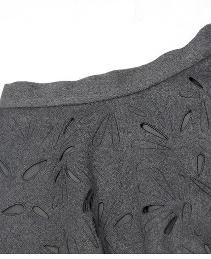 Dark Grey Wool Skirts for women 2024 Autumn Winter Big Swing A-Line Long Skirt Elegant Elastic waist Zipper Hollow Out Skirt