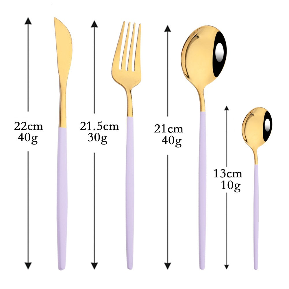Conjunto de Talheres Roxo de 24 Peças com Cabo Roxo em Aço Inoxidável Dourado, Faca, Garfo, Colher de Café, Conjunto de Talheres Prateados