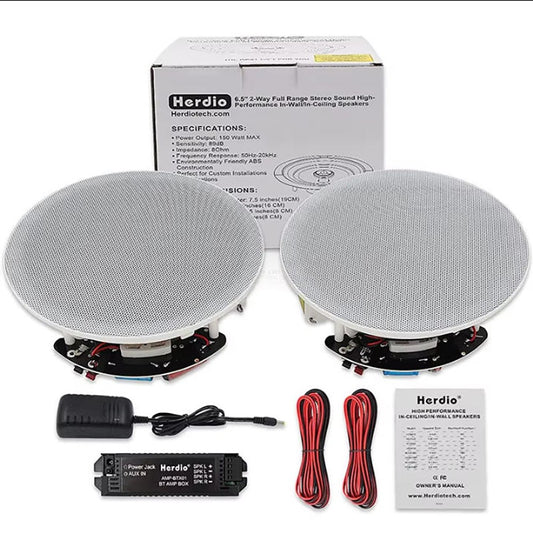 Herdio 2PCS 6.5 polegadas Áudio Doméstico 300W Caixa de Som Bluetooth para Embutir no Teto Sistema de Som Embutido para Cozinha, Quarto e Banheiro