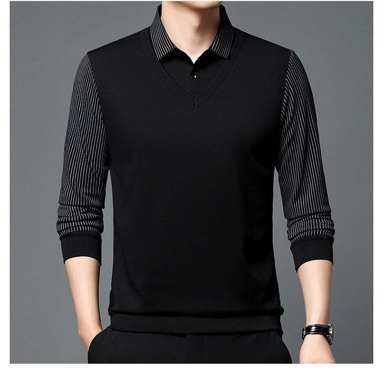 Fashion Fake Two-piece Men Long Sleeve Shirt Stripe Splice Lapel Loose Casual Pullover Tops 2025 Male Formal Business Polo Shirt