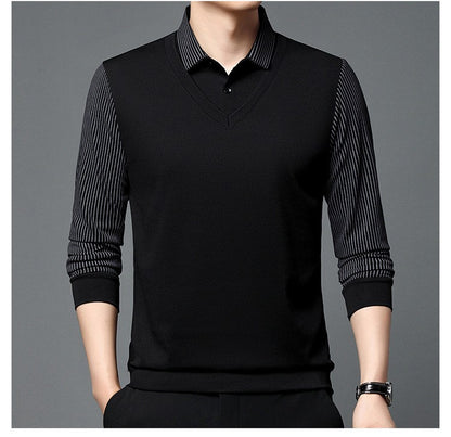 Fashion Fake Two-piece Men Long Sleeve Shirt Stripe Splice Lapel Loose Casual Pullover Tops 2025 Male Formal Business Polo Shirt