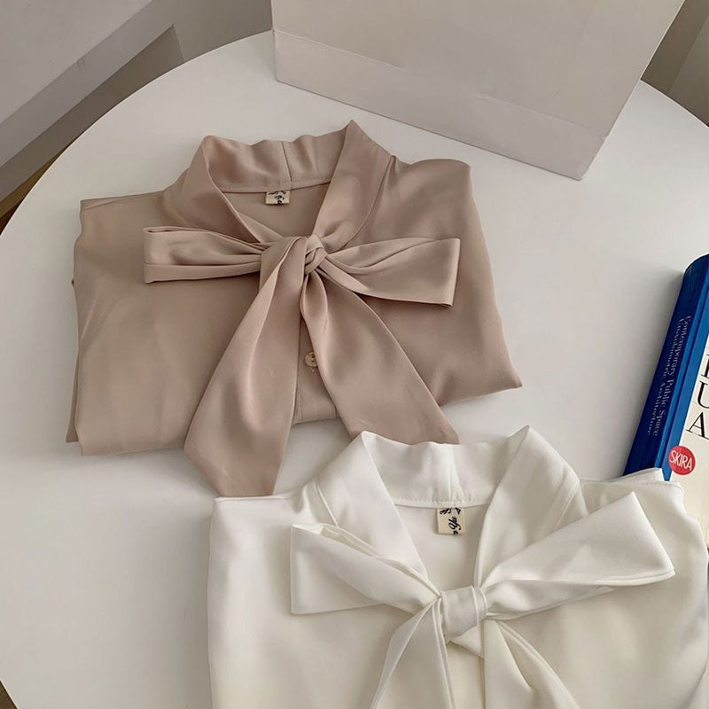Bow Tie Chiffon Shirts Casual Long Sleeve White Blouse Women's Elegant Business Loose Blouses Ladies Spring and Autumn Chic Tops