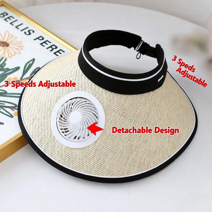 Essencial para o Ar Livre! Chapéu de Sol com Aba Larga e Ventilador Embutido - Carregamento USB, Leve, Adequado para Acampamento, Caminhada e Pesca