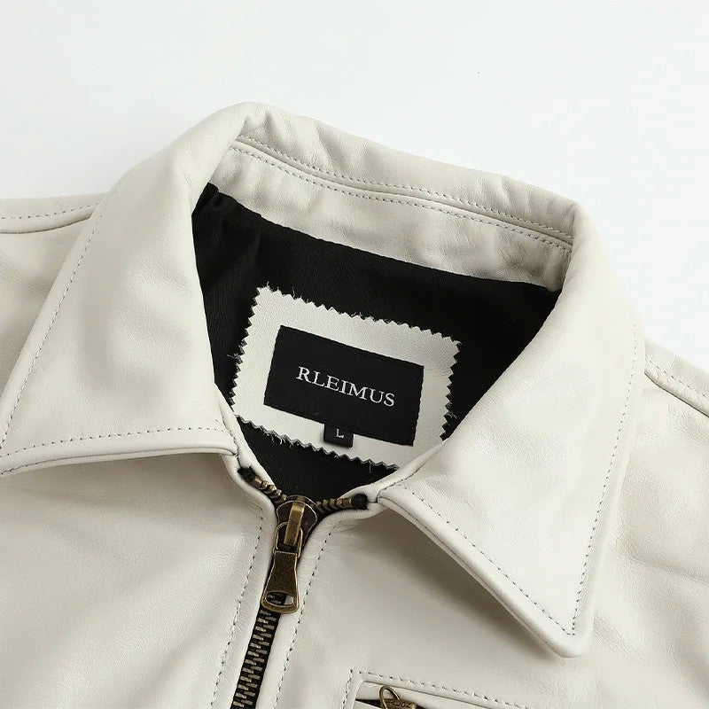 Men's Genuine Leather Jacket White Lapel Calfskin Jacket Natural Cowhide Men's Coat Slim Fit Top Layer Cowhide Biker Jacket