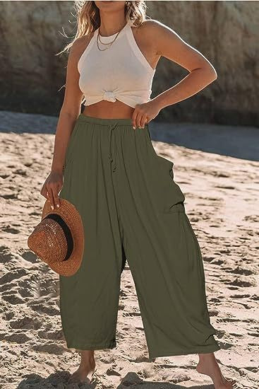 Women's Stretched-waist Pleated High-waisted Wide-leg Trousers Spring Autumn Fashion Cotton Linen Pocket Casual Trousers Woman