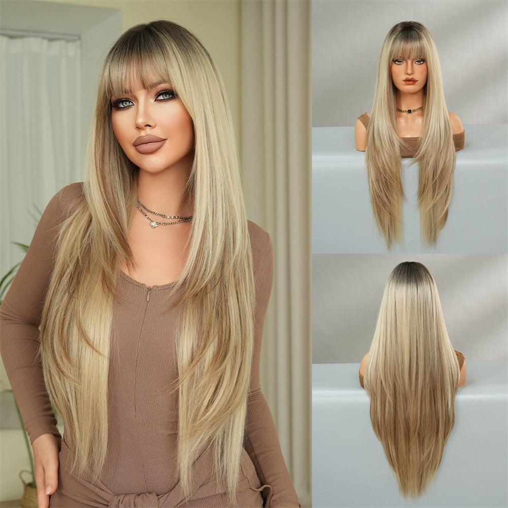 Peruca feminina dourada e branca, moderna com cabelo liso ultralongo, peruca preta completa, com franja e cobertura total da cabeça,