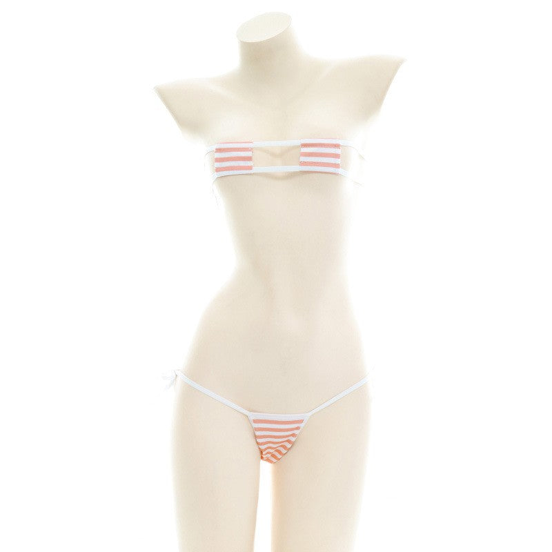 2025 Striped Halter Micro Bikini Set Lolita Kawaii Swimsuit Backless String Tied Bathing Suit