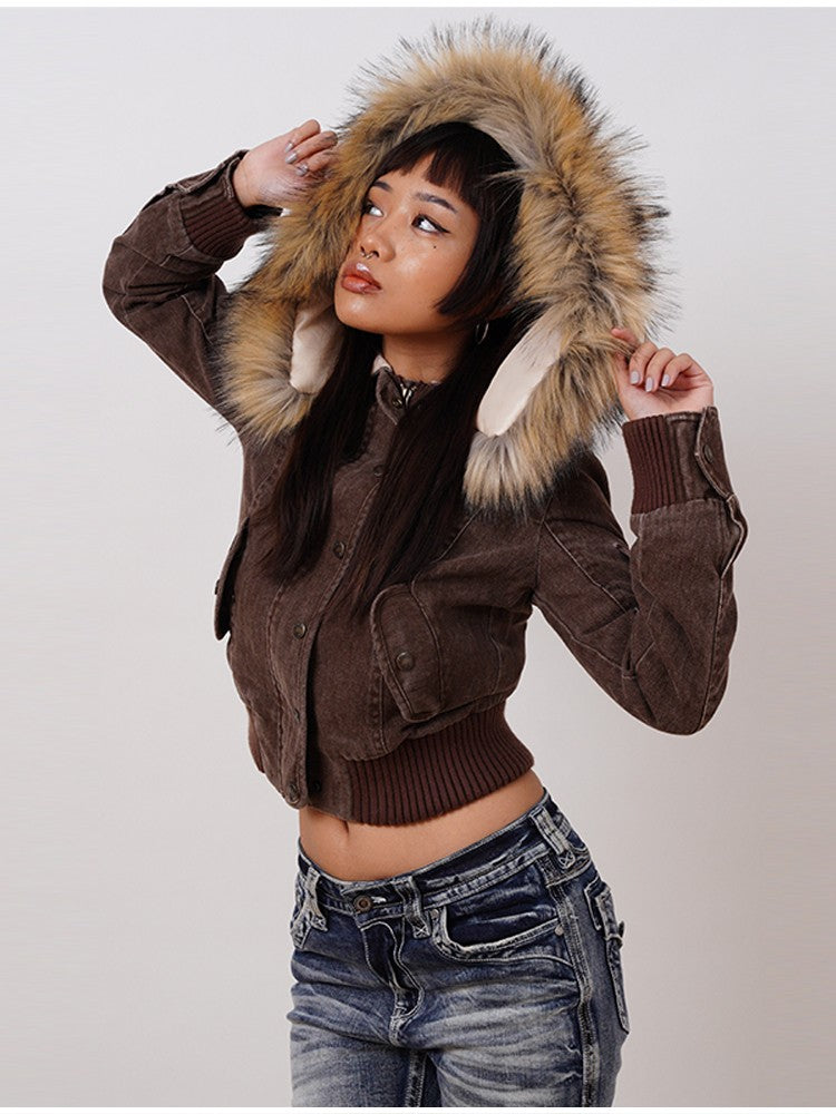 Vintage Brown Short Hooded Jacket Women's Full Sleeve Slim Detachable Fur Collar 2025 NEW Winter  Autumn Female Outerwear
