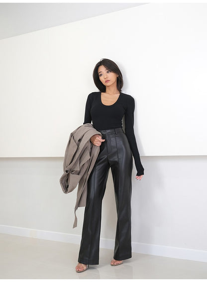 Lautaro Spring Autumn Long Black Soft Pu Leather Pants Women with Zipper High Waist Casual Elegant Straight Leg Trousers 2022