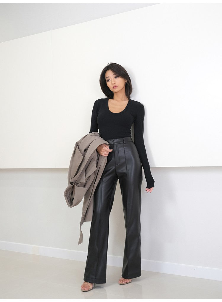 Lautaro Spring Autumn Long Black Soft Pu Leather Pants Women with Zipper High Waist Casual Elegant Straight Leg Trousers 2022