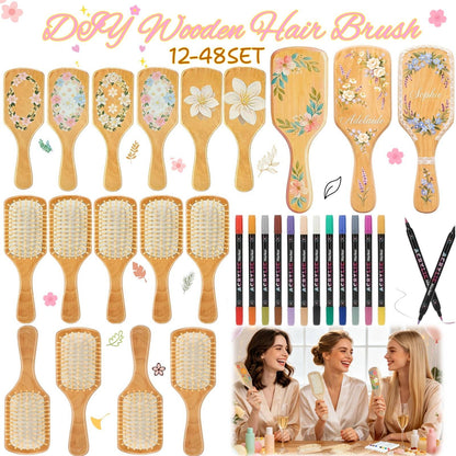 12-48PCS DIY Wooden Hair Brush Painting Kits with 12 Multicolor Pens Make Your Own Hair Brush for Night Party Supplies Gift