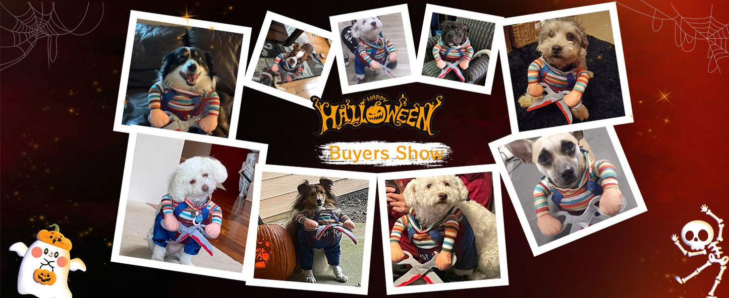 Traje de Cachorro de Boneca Estilo Tesoura de Halloween para Gatos, Filhotes e Cães de Porte Médio, Roupa Ajustável Engraçada Especial para Cosplay de Animais de Estimação