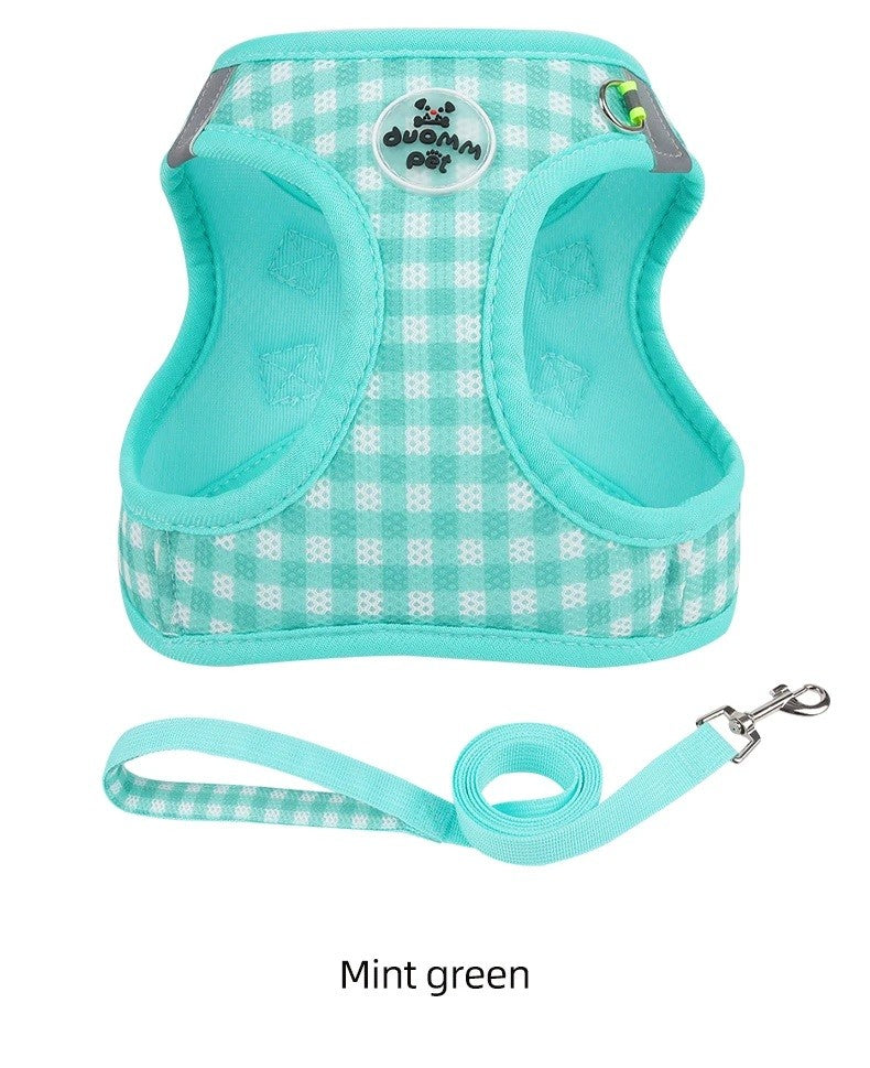 Colete Peitoral para Gatos com Estampa Xadrez, Coleira Atraente para Gatinhos, Coleira Anti-perda para Filhotes, Respirável para Exteriores, Ajustável e Refletora