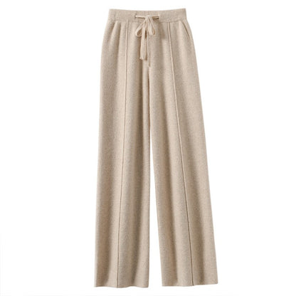 Women's High Waist Knit Wide Leg Pants Thermal Fleece Lined Drawstring Trousers in Earth Tones, Fall Winter Comfort Lounge Wear?