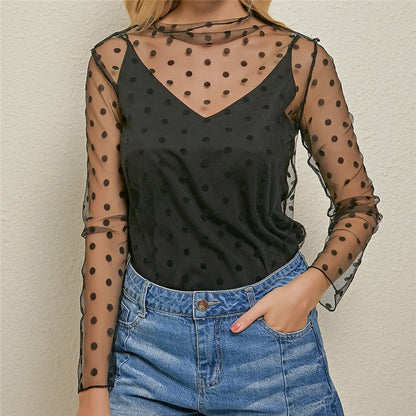 Women's Sexy Mesh Sheer Lace Blouses Perspective Long Sleeve Stand Collar Mesh Tops Striped Polka Dot Stars Party Tee Blouses