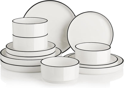 Porcelain Dinnerware Sets for 4, 12 Pieces Ceramic Plates and Bowls Set, Classic Modern Simple Kitchen Dinner Dining Ware Set, D