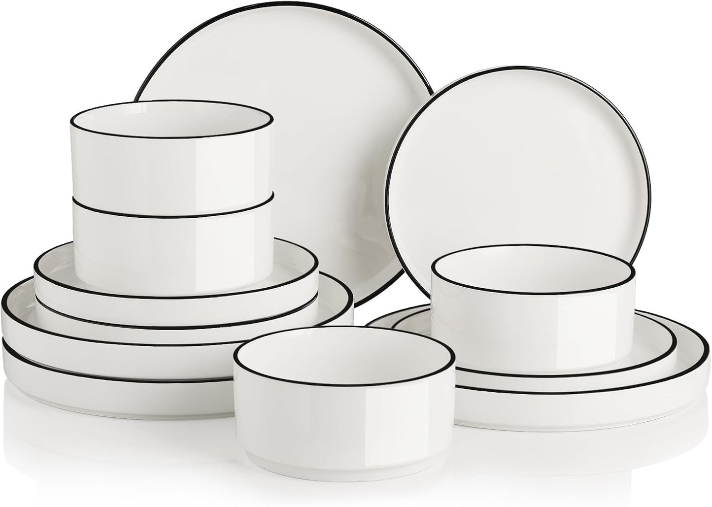 Porcelain Dinnerware Sets for 4, 12 Pieces Ceramic Plates and Bowls Set, Classic Modern Simple Kitchen Dinner Dining Ware Set, D