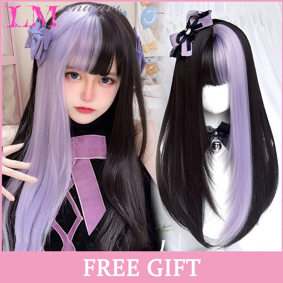 LM Medium Length Pink Cosplay Wig Heat Resistant Costume Party Synthetic Wigs 2 Clip On Ponytail 7 Colors