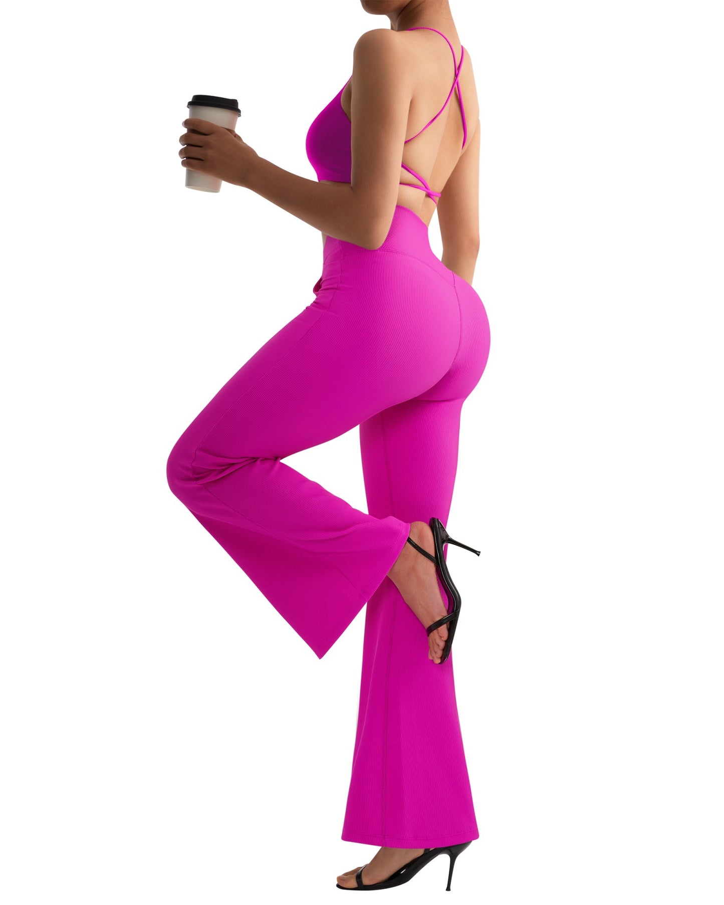 Women Ribbed Crossover Flare Leggings V Waist Slim Fit Yoga Pants with Pockets Workout Fitness Yoga Pants Flared Pants Female