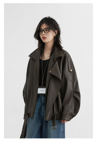 CHIC VEN Female PU Jacket Solid Loose New Retro Standing Collar Motorcycle Faux Leather Coat Female Top Spring Autumn 2024