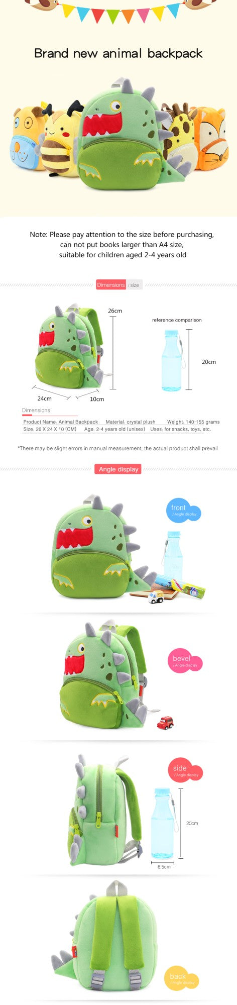 Mochila Infantil Meninos Meninas Mochila Bichinhos Fofos Dinossauro Boca Grande Mochila de Pelúcia Jardim de Infância Bolsa Escolar