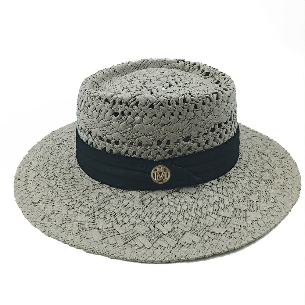Chapéu de Palha Feminino de Verão Chapéu de Sol Luxuoso Feminino Chapéu de Praia de Proteção Solar da Moda Chapéu Panamá Francês Chapéu Raff de Aba Larga com Topo Abaulado