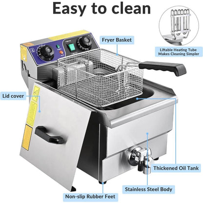 Commercial Electric Deep Fryer 11.7L 1500W Fryer w/Time Control and Oil Filtration Single Removable Basket Stainless Steel