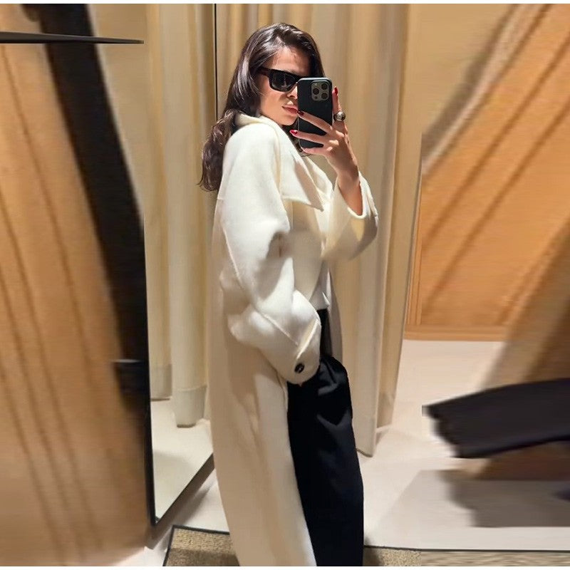 Elegant Stand Collar Long Coat Women Retro Chic Loose Single Breasted White Tweed Coats Lady 2025 Winter Casual Street Overcoats