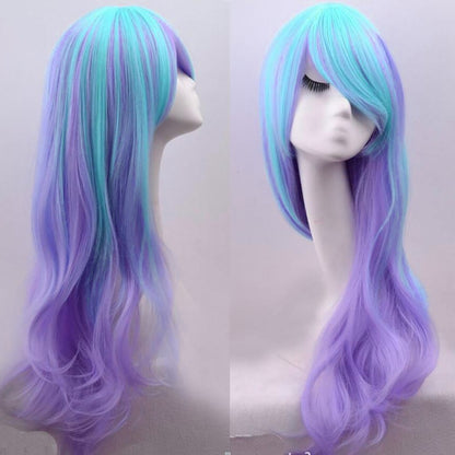 Soowee Synthetic Hair Long Wavy Cosplay Wig with Bangs Purple Blue Ombre Costume Lolita Wigs