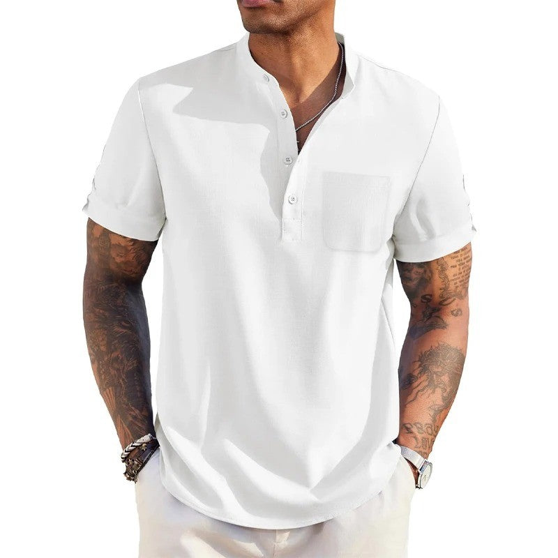 Summer Men's Cotton Linen T-Shirt Henley Neck Pocket Casual Lightweight Breathable Beach Shirt Solid Color Basic Style Tops