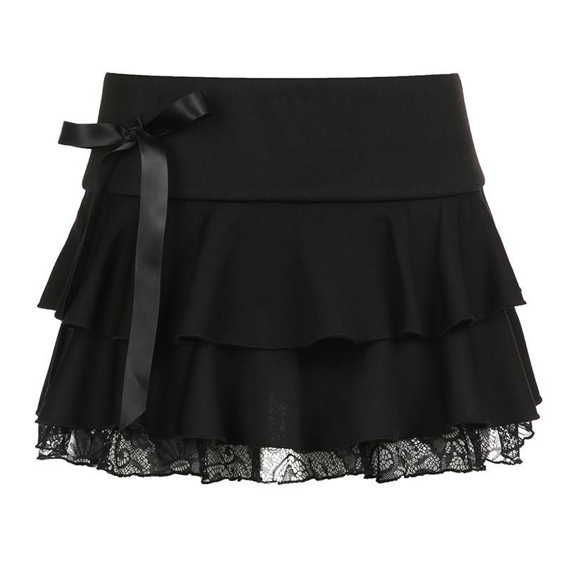 Dark pure desire spice girl style lace stitching bow skirt sexy low waist ballet A word cake mini skirt