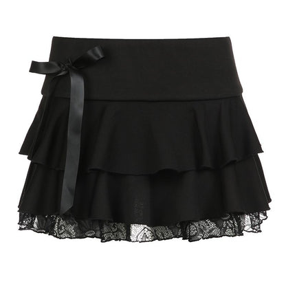 Dark pure desire spice girl style lace stitching bow skirt sexy low waist ballet A word cake mini skirt