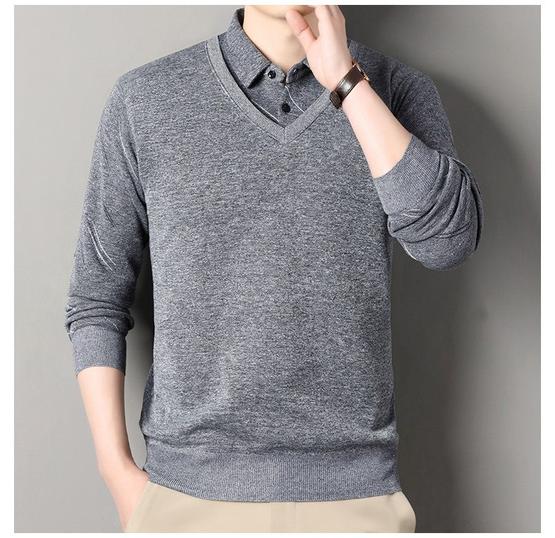 Men's Fleece Lining Sweater Autumn Winter Pullover Polo Shirt Collar Fake Two Piece Thick Warm Top Clothes Casual Knitwear