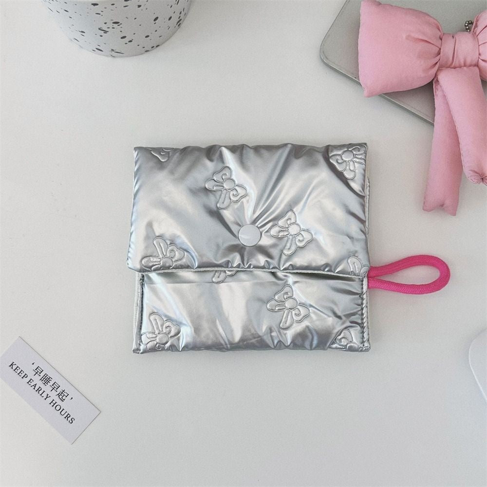 INS Style Silver Sanitary Mat Bag Zipper Button Change Purse Coins Keys Wallet Love Bow Credit Card Holder Cosmetics Napkin