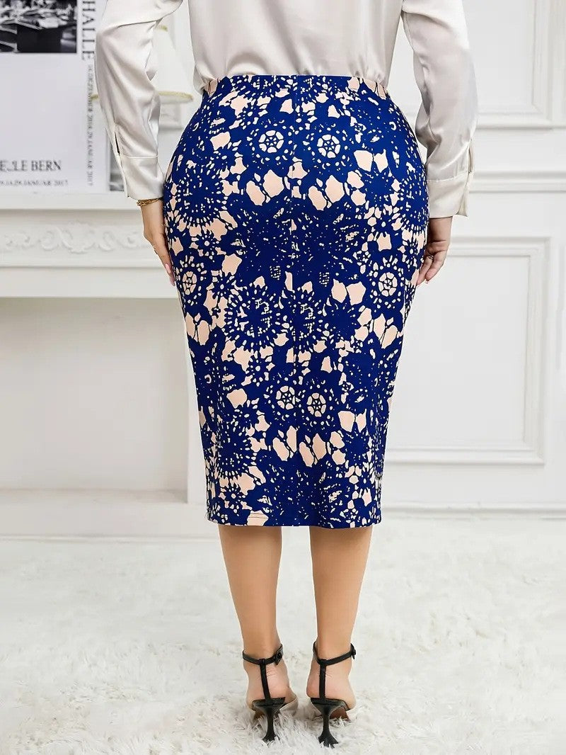 GIBSIE Plus Size Women's Vintage Print Bodycon Midi Skirts Ladies Elegant High Waist Slim Knee Length Office Casual Pencil Skirt