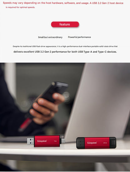 Pendrive USB de estado sólido portátil de alta capacidade Kingston, interface dupla USB 3.2/Gen2 Tipo-C, 1TB