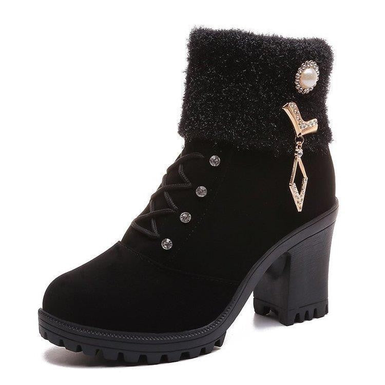 Women's Designer High Heels Shoes 2023 Winter New Warm Non-slip Block Cow Suede Warm Snow Boots Fashion Crystal Plush Goth Botas