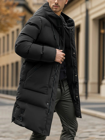 Casaco Masculino Pesado de Inverno Corta-Vento para Frio com Zíper Completo, Capuz Longo e Bolsos Frontais Grandes